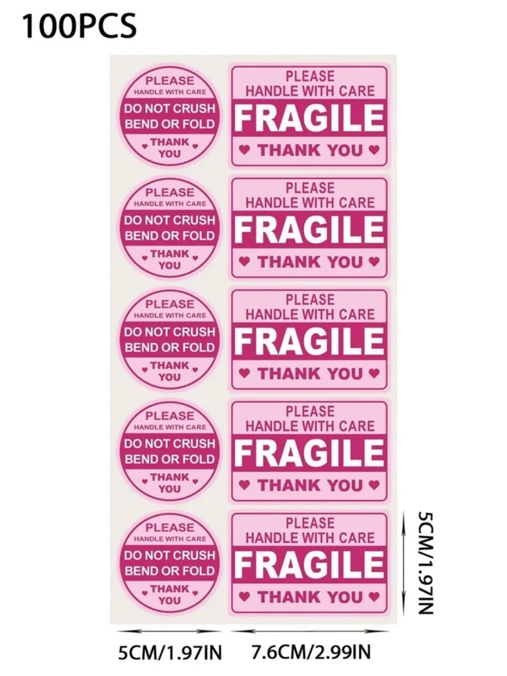 100 Pink Fragile Handle With Care Sticker Pack